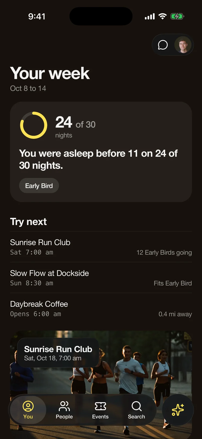 The rthms app, Your week: You were asleep before 11 on 24 of 30 nights. Habit tag Early Bird. Try next: Sunrise Run Club, Slow Flow at Dockside, Daybreak Coffee.