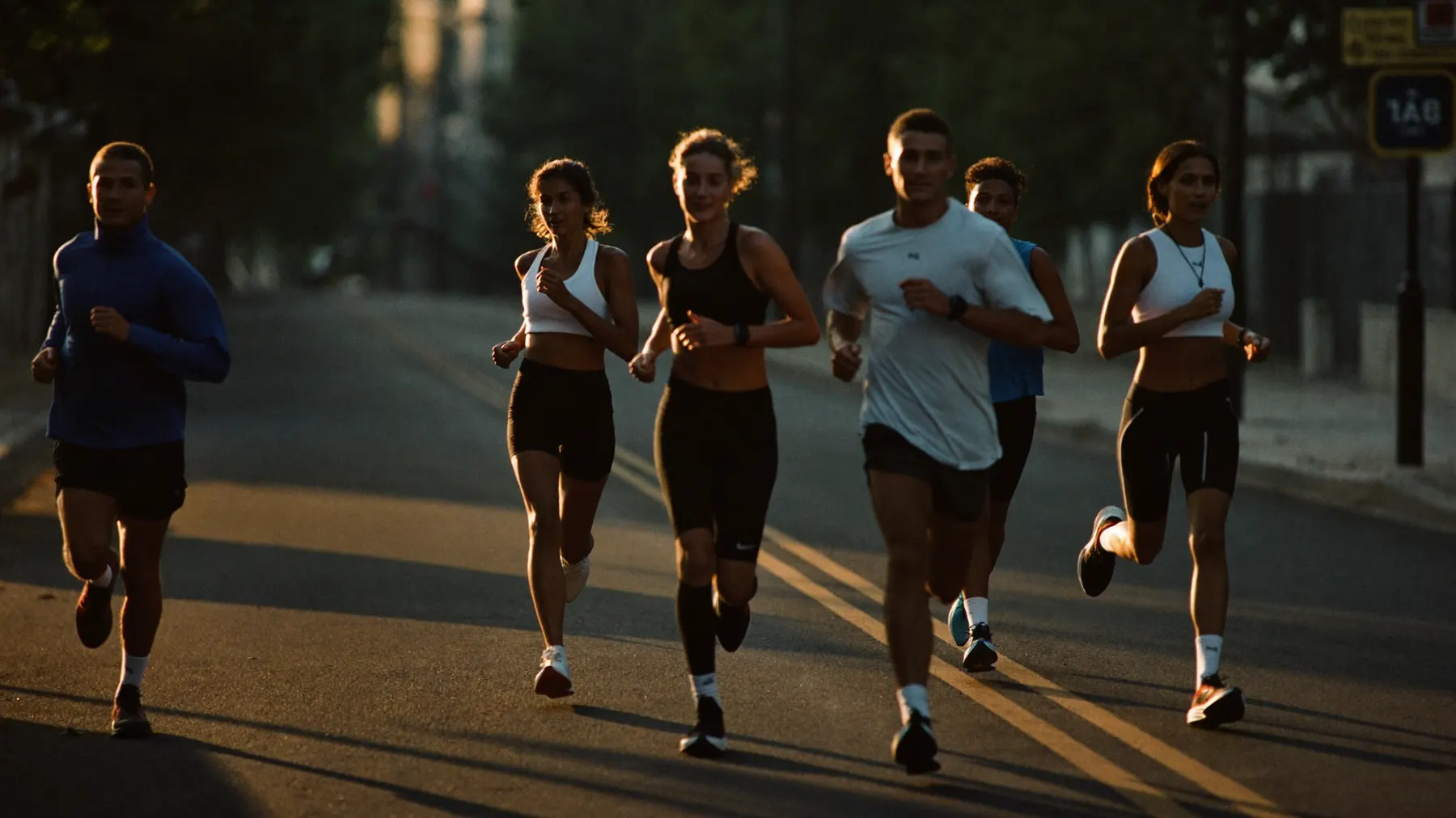 A run club on a city street at sunrise